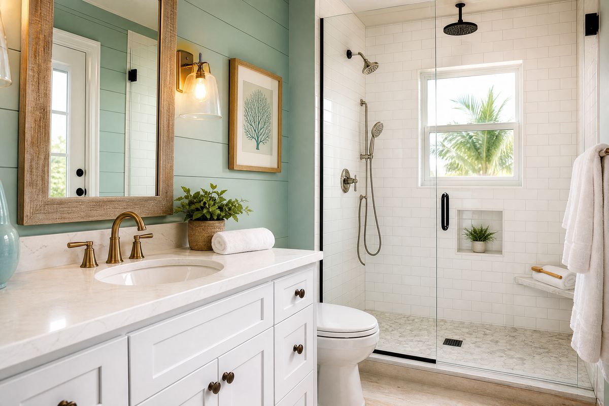 Finished modern farmhouse bathroom remodel with walk-in tile shower