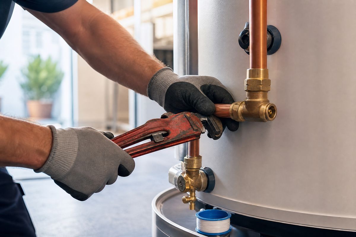 Plumber connecting copper pipes to a new residential water heater