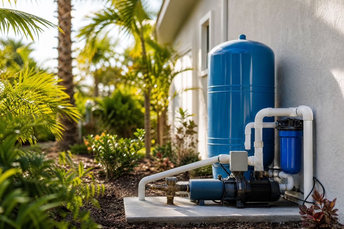 Residential well pump and pressure tank system installed beside a Florida home